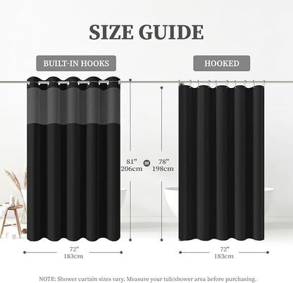 72x81 Ringless Linen Textured Shower Curtain with Snap in Liner, Black | Tall Size, 3 in 1 Shower Curtain Set, Removable Liner, Waterproof & Washable, Mesh Top Window, Durable Fabric, Easy Setup