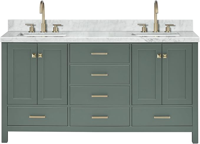 ARIEL Cambridge 67 Inch Double Rectangle Sink Bathroom Vanity with Carrara White Marble Countertop 1.5 Inch in Vintage Green