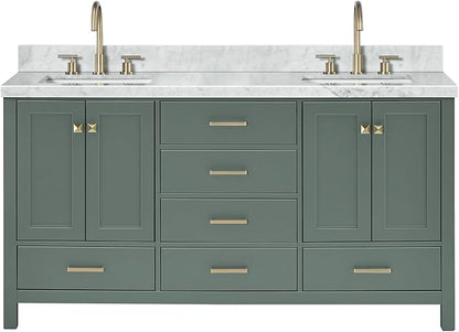 ARIEL Cambridge 67 Inch Double Rectangle Sink Bathroom Vanity with Carrara White Marble Countertop 1.5 Inch in Vintage Green
