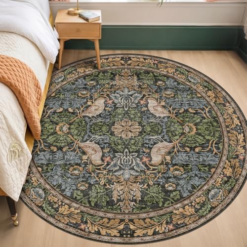 Washable Round Area Rugs 6ft for Living Room, Green Forest Soft Non-Slip Circle Rug with Rubber Backing, Vintage Large Boho Floral Bird Carpet for Bedroom, Kitchen, Nursery, Stain Resistant