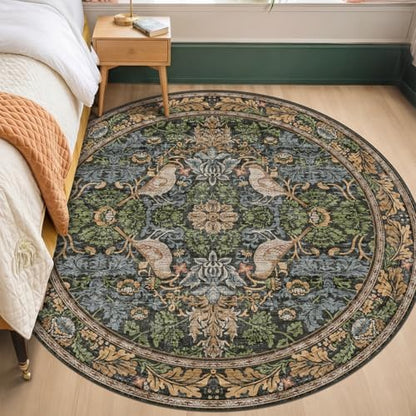 Washable Round Area Rugs 6ft for Living Room, Green Forest Soft Non-Slip Circle Rug with Rubber Backing, Vintage Large Boho Floral Bird Carpet for Bedroom, Kitchen, Nursery, Stain Resistant