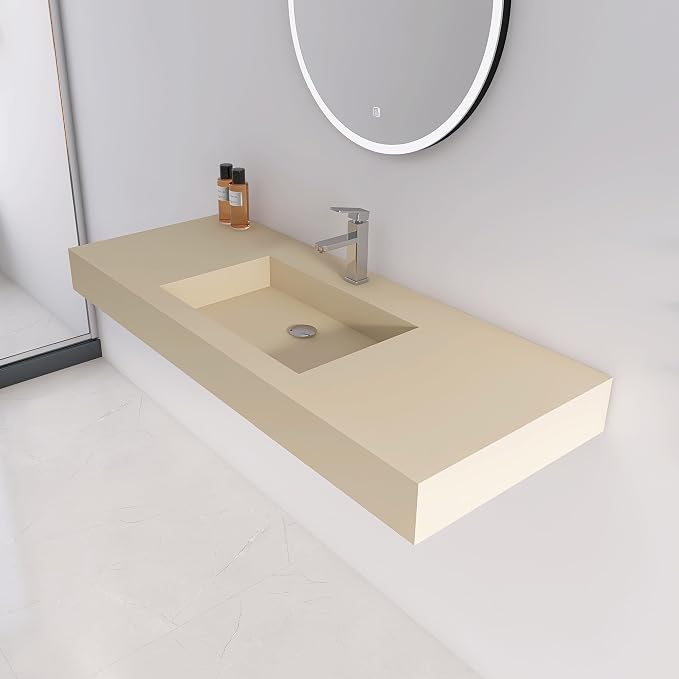 47"X19" Bathroom Sink with Single Faucet Hole, Stone Resin Wall-Mount or Countertop Vessel Sink, Rectangle Solid Surface Floating Sink with Mounting Screws, Latte Color