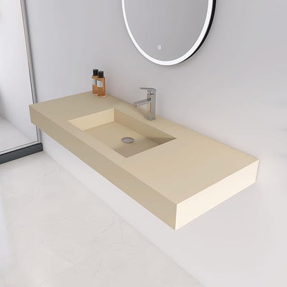 47"X19" Bathroom Sink with Single Faucet Hole, Stone Resin Wall-Mount or Countertop Vessel Sink, Rectangle Solid Surface Floating Sink with Mounting Screws, Latte Color