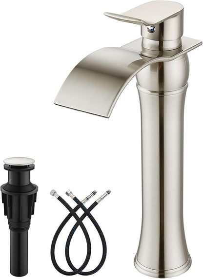 gotonovo Waterfall Vessel Sink Faucet for Sink 1 Hole,Single Handle Tall Bathroom Sink Faucet,Brass Waterfall Bathroom Faucet Arc Body Mixer Tap with Pop Up Drain and Supply Line,Brushed Nickel