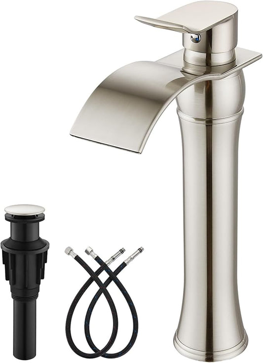 gotonovo Waterfall Vessel Sink Faucet for Sink 1 Hole,Single Handle Tall Bathroom Sink Faucet,Brass Waterfall Bathroom Faucet Arc Body Mixer Tap with Pop Up Drain and Supply Line,Brushed Nickel