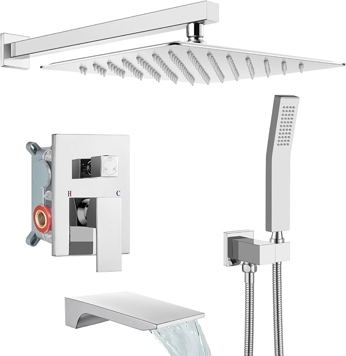 gotonovo Tub Shower Faucet Set with Valve 12'' Rain Head,Polished Chrome | Waterfall Tub Spout Shower System,Bathtub Faucet Set,SUS304 Rain Head with Handheld,Brass Valve Trim Kit,All Metal,Wall Mount