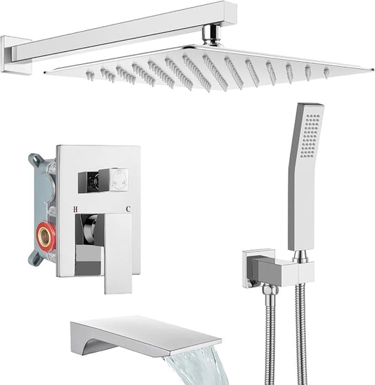 gotonovo Tub Shower Faucet Set with Valve 12'' Rain Head,Polished Chrome | Waterfall Tub Spout Shower System,Bathtub Faucet Set,SUS304 Rain Head with Handheld,Brass Valve Trim Kit,All Metal,Wall Mount