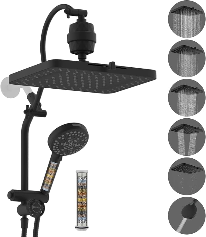 Hibbent 5-spray Dual Filtered Rainfall Shower Head with 10 Spray Handheld | High Pressure 13'' Showerhead Combo, Easy Reach 4-way Diverter Arm with Pause Mode, 71'' Hose & Holder, Matte Black