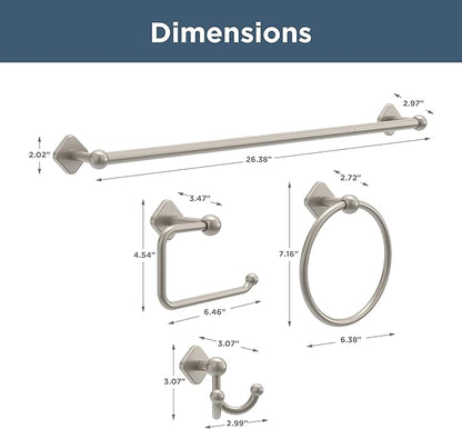 Franklin Brass Gainesville 4-Piece Bathroom Set Satin Nickel 18" + 6" Towel Rack, Toilet Paper Holder, Hand Towel Holder, Hook | 4-Piece Bath Hardware Accessories Set GNV64-SN