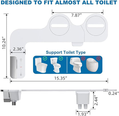 Bidet Attachment for Toilet, Non-Electric Dual Nozzle Bidet Sprayer with Adjustable Water Pressure, Cold Water Toilet Seat Attachment for Feminine and Personal Hygiene