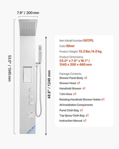 VEVOR Shower Panel Tower System with Rainfall Shower Head, 53 in Brushed Stainless Steel Shower Column, 3-Function Faucet, High Pressure Wall-Mount Rain Massage System, with Large Body Jet, Handheld