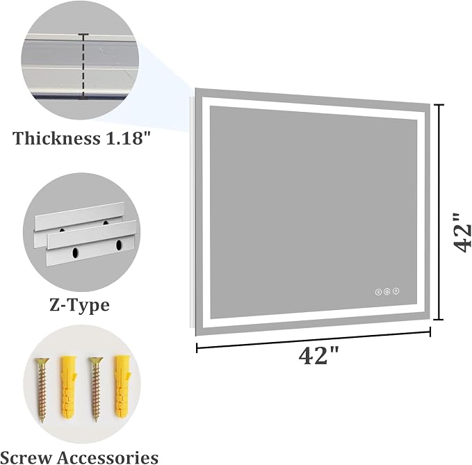 Koonmi 42x42 LED Bathroom Mirror with Light, Anti-Fog, 3 Colors | Backlit + Front Lit, Dimmable Brightness, Shatterproof HD Distortion-Free Tempered Glass, Hardware Included