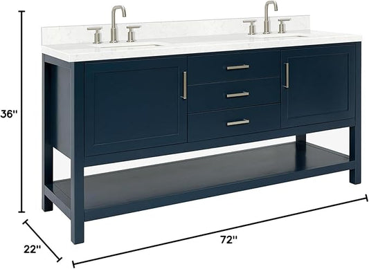 ARIEL Bayhill 72-inch Bathroom Vanity with Sink,Solid Wood, 1.5-inch Carrara White Quartz Countertop, Double Rectangular Porcelain Sink, 2 Soft Closing Doors, 3 Dovetail Drawers, Midnight Blue