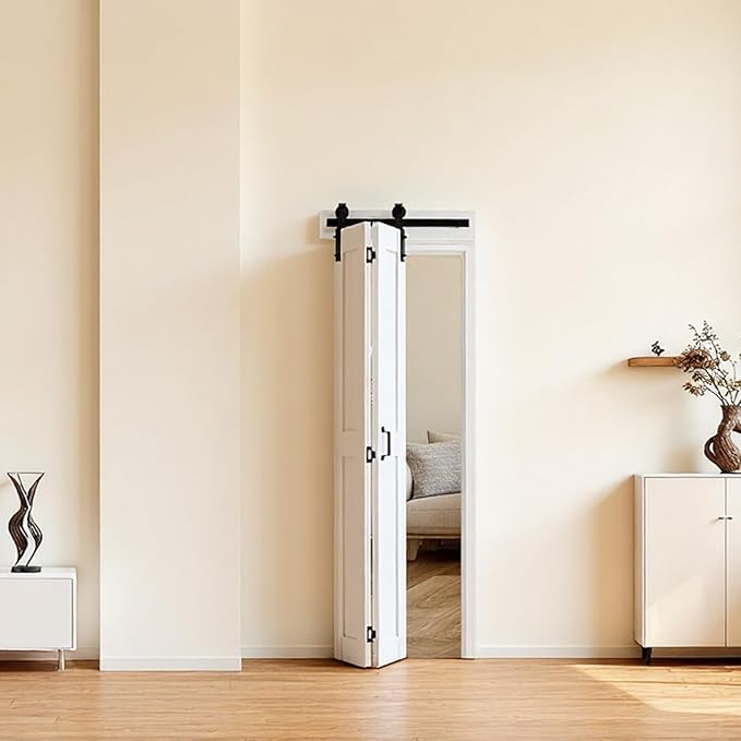 VEVOR Bifold Barn Door, 24" x 84", MDF Bi-Fold Sliding Closet Doors, Header Board and Hardware Kit Included, H-Frame Space-Saving Design, Panels Need to Assemble, Waterproof & Quiet, White