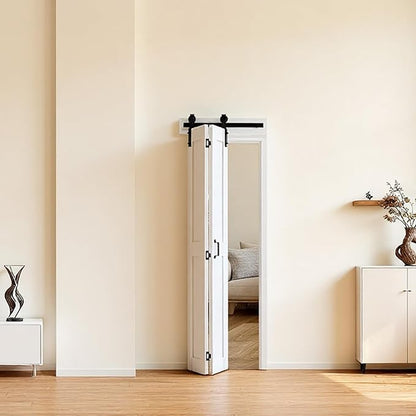 VEVOR Bifold Barn Door, 24" x 84", MDF Bi-Fold Sliding Closet Doors, Header Board and Hardware Kit Included, H-Frame Space-Saving Design, Panels Need to Assemble, Waterproof & Quiet, White