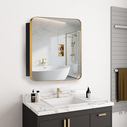 16’’x20’’ Medicine Cabinet,Metal Framed Medicine Cabinet Mirror with Round Corner,Recessed and Surface Mount Bathroom Mirror with Storage, Removeable Shelves,Gold