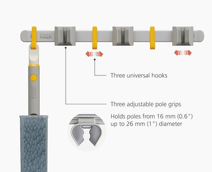 Joseph Joseph CleanTech Cleaning Utility Tool Storage Rail, Organizer Rack with 3 Adjustable Grips and 3 Hooks, Screws Included