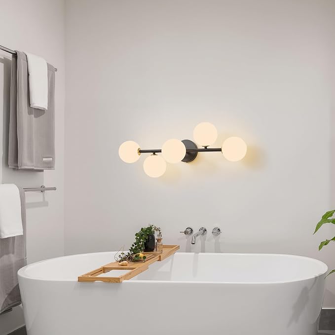 Black Bathroom Vanity Light Fixture,5 Lights Mid Century Modern Wall Sconce | Modern Milk White Glass Globe Makeup Wall Sconce Lighting,Matte Black Minimalist Bathroom Vanity Light over Mirror,G9 Base