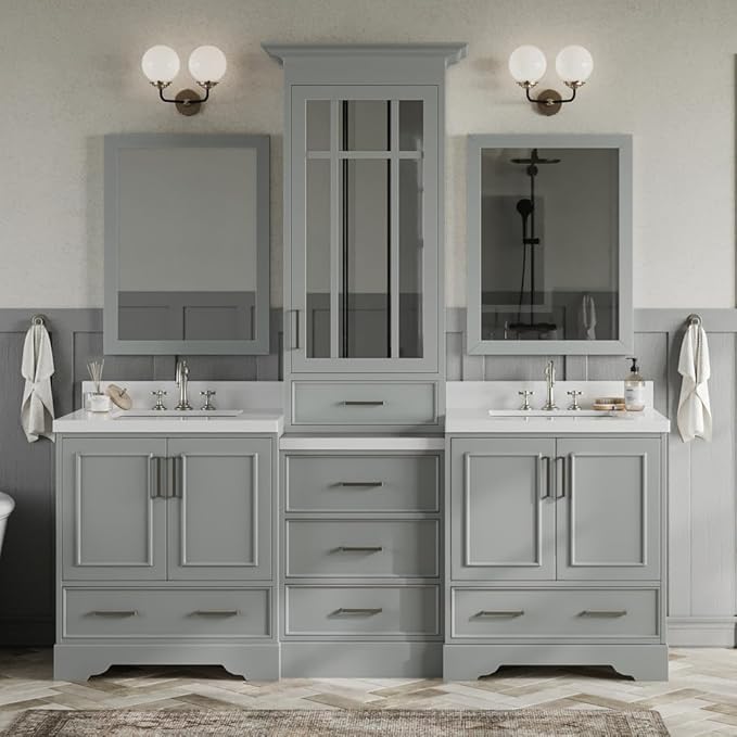ARIEL Stafford 84-inch Bathroom Vanity with Sink,Solid Wood, 1.5-inch Pure White Quartz Countertop & Backsplash, Double Rectangular Porcelain Sink, 5 Soft Closing Doors, 6 Dovetail Drawers, Grey
