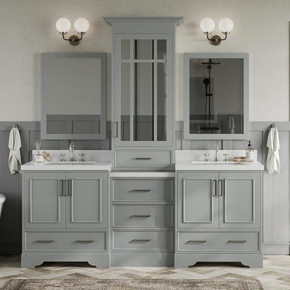 ARIEL Stafford 84-inch Bathroom Vanity with Sink,Solid Wood, 1.5-inch Pure White Quartz Countertop & Backsplash, Double Rectangular Porcelain Sink, 5 Soft Closing Doors, 6 Dovetail Drawers, Grey