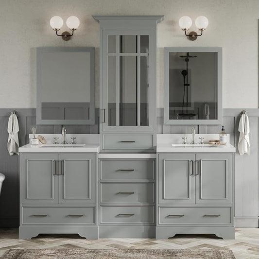 ARIEL Stafford 84-inch Bathroom Vanity with Sink,Solid Wood, 1.5-inch Pure White Quartz Countertop & Backsplash, Double Rectangular Porcelain Sink, 5 Soft Closing Doors, 6 Dovetail Drawers, Grey