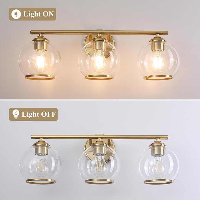 Brushed Gold Bathroom Vanity Light Over Mirror, 3 Light Bathroom Light Fixtures with Clear Globe Glass Shade, Modern Vanity Lighting Wall Mounted