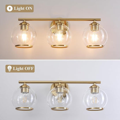 Brushed Gold Bathroom Vanity Light Over Mirror, 3 Light Bathroom Light Fixtures with Clear Globe Glass Shade, Modern Vanity Lighting Wall Mounted