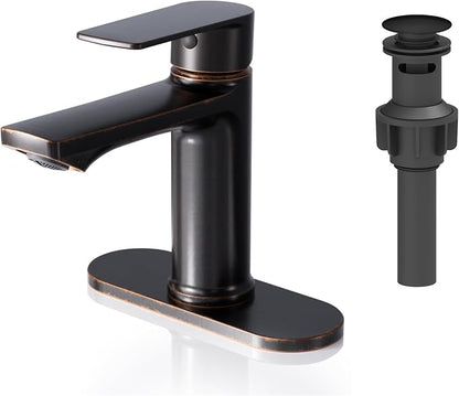 BELZ Bronze Bathroom Faucet, Lead-Free 1 or 3 Hole (4") Vanity Sink Faucet | NSF372 Certified, Rustproof & Splash-proof Aerator, Single Handle Modern Design with Pop-up drain & Hoses, Easy DIY Install