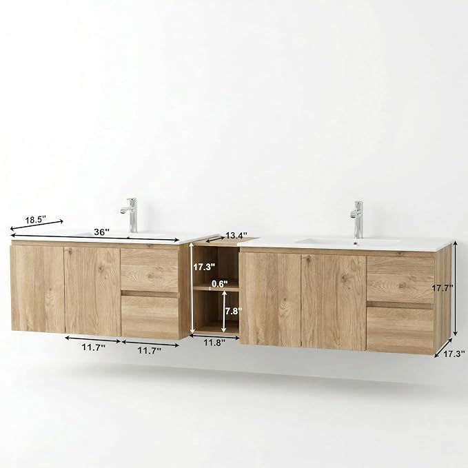 84"Modern Floating Double Sink Bathroom Vanity, Wall Mounted Bathroom Cabinet with U-Shaped Drawers, Beveled Invisible Handles Open Side Shelf, FSC Certified Wood Veneer (Wood color, 84 lnch)