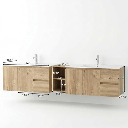 84"Modern Floating Double Sink Bathroom Vanity, Wall Mounted Bathroom Cabinet with U-Shaped Drawers, Beveled Invisible Handles Open Side Shelf, FSC Certified Wood Veneer (Wood color, 84 lnch)