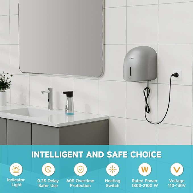 AIKE GentleAir Warm Hand Dryer,Low Noise for Home Bathroom,Stardust Silver | GentleAir Warm Dry,Plug-in Easy Install and Low Noise Experience for Home Bathroom,Smart and Sophisticated ABS Look,AK2637