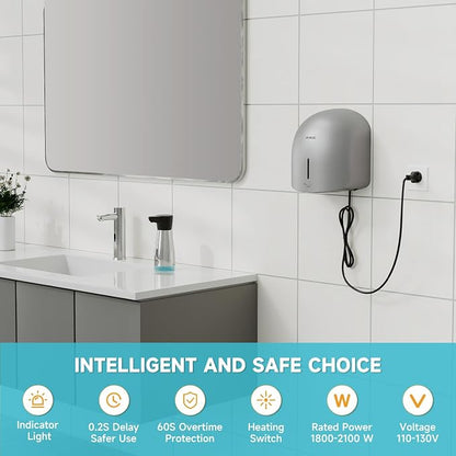 AIKE GentleAir Warm Hand Dryer,Low Noise for Home Bathroom,Stardust Silver | GentleAir Warm Dry,Plug-in Easy Install and Low Noise Experience for Home Bathroom,Smart and Sophisticated ABS Look,AK2637