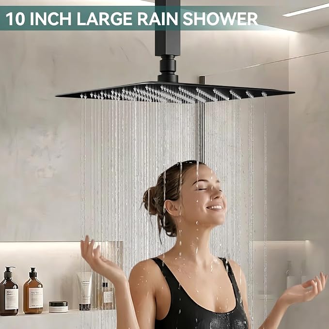 Shower System Shower Faucet Set, STARBATH 10" Ceiling Mount Rain Shower Head and Handheld Spray for Two Person, Rainfall Shower System with Diverter Valve and Trim Kit Complete,Matte Black