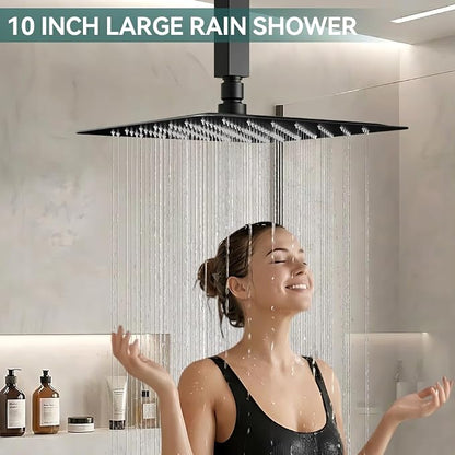 Shower System Shower Faucet Set, STARBATH 10" Ceiling Mount Rain Shower Head and Handheld Spray for Two Person, Rainfall Shower System with Diverter Valve and Trim Kit Complete,Matte Black