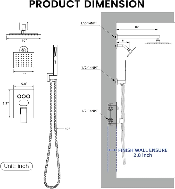 Longriver 3-Push Button Shower Faucet Set Hydro Power Temperature Display | Shower System Wall Mounted 10" & 6" Shower Head with 3-Spary Handheld, Shower Fixtures with Valve and Trim Kit-Brushed Nickel
