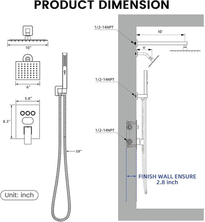 Longriver 3-Push Button Shower Faucet Set Hydro Power Temperature Display | Shower System Wall Mounted 10" & 6" Shower Head with 3-Spary Handheld, Shower Fixtures with Valve and Trim Kit-Brushed Nickel
