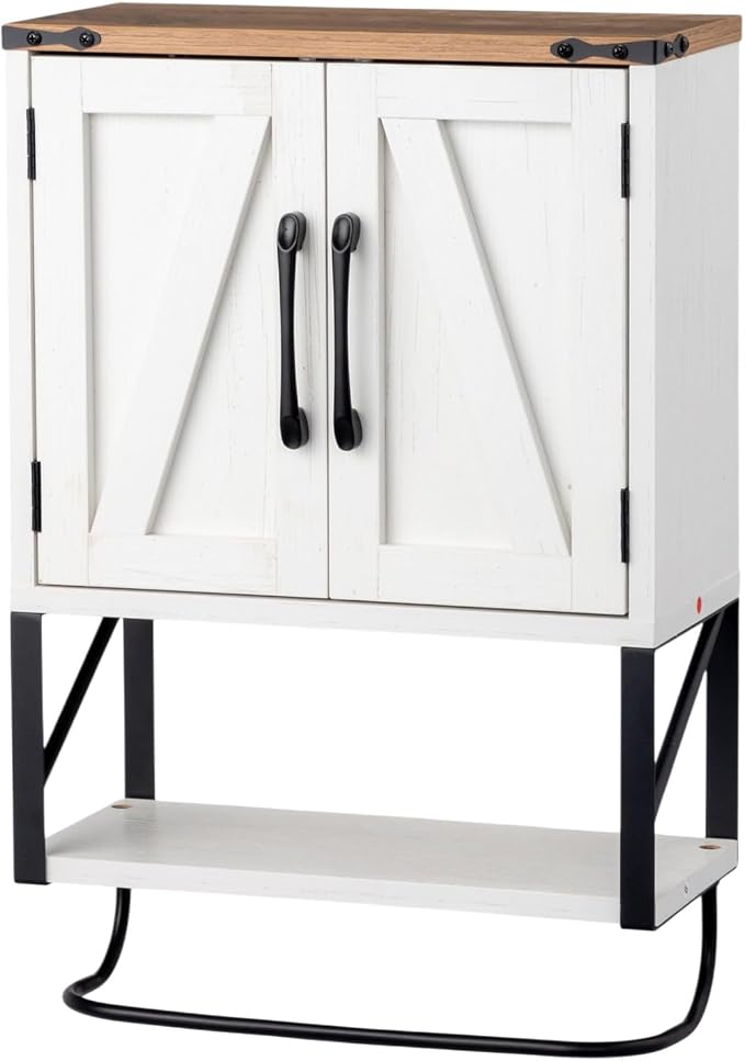 Bonnlo Wall Cabinet Farmhouse with Tower Bar Small Bathroom Medicine Cabinet Over Toilet Storage Organizer with Tower Bar Wall Mounted for Bathroom Kitchen Rustic White & Brown