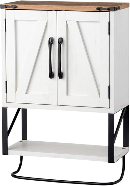 Bonnlo Wall Cabinet Farmhouse with Tower Bar Small Bathroom Medicine Cabinet Over Toilet Storage Organizer with Tower Bar Wall Mounted for Bathroom Kitchen Rustic White & Brown