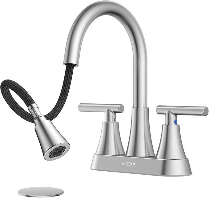 Centerset Bathroom Faucet with Pull Out Sprayer, 4 Inch 2 Handle Sink Faucet with Pop Up Drain, Stainless Steel Vanity Faucet with 2 Supply Hoses, Brushed Nickel