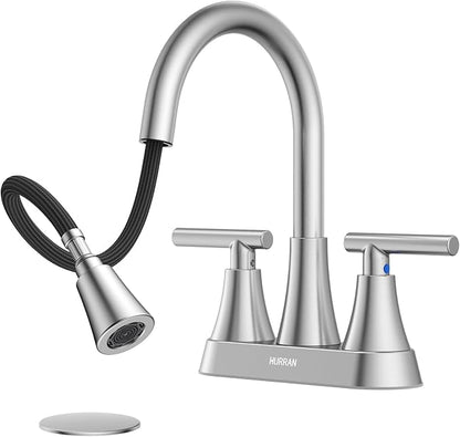 Centerset Bathroom Faucet with Pull Out Sprayer, 4 Inch 2 Handle Sink Faucet with Pop Up Drain, Stainless Steel Vanity Faucet with 2 Supply Hoses, Brushed Nickel