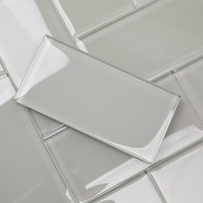 Warm Grey Glass Subway Tile, Glass for Bathroom Kitchen Shower Backsplash Wall, 3 x 6 Inches, 4 Sq.Ft.