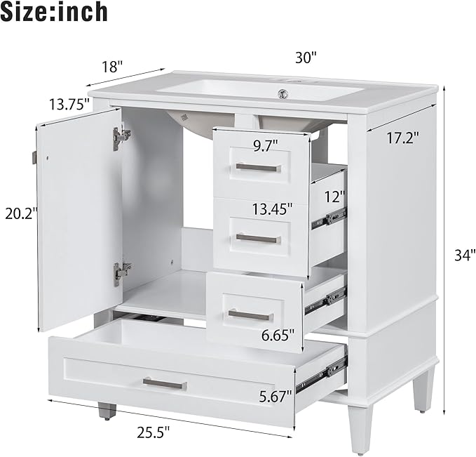 LUMISOL 30 Inch Bathroom Vanity with Sink, Wood Bathroom Storage Cabinet with Soft Closing Door and 3 Drawers, Freestanding Bathroom Vanities with Undermount Ceramic Sink, White