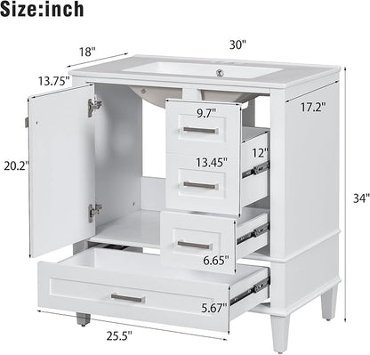 LUMISOL 30 Inch Bathroom Vanity with Sink, Wood Bathroom Storage Cabinet with Soft Closing Door and 3 Drawers, Freestanding Bathroom Vanities with Undermount Ceramic Sink, White