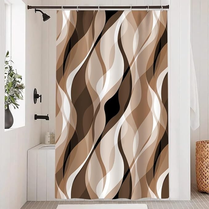 Brown Shower Curtain, Modern Abstract Grey and Brown Striped Shower Curtain Set for Bathroom Waterproof Tan Shower Curtain with Hooks, 48x72 Inch