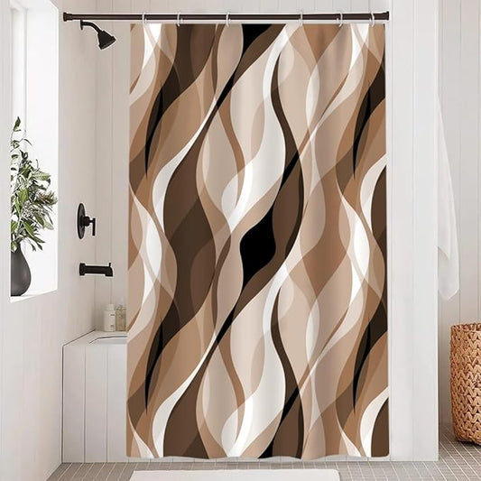 Brown Shower Curtain, Modern Abstract Grey and Brown Striped Shower Curtain Set for Bathroom Waterproof Tan Shower Curtain with Hooks, 48x72 Inch