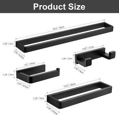 YACVCL 4-Piece Matte Black Bathroom Hardware Accessories Set, Bath Towel Bar Set SUS304 Stainless Steel, Round Towel Racks for Bathroom Wall Mounted