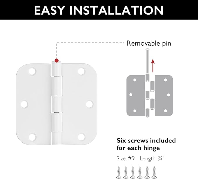 Door Hinges for Interior Doors 12-Pack 3.5-inch x 3.5-inch – Rounded 5/8-inch Radius Steel Door Hinge – Painted White – Fits Standard Doors – Design House 189787