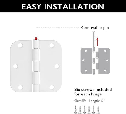 Door Hinges for Interior Doors 12-Pack 3.5-inch x 3.5-inch – Rounded 5/8-inch Radius Steel Door Hinge – Painted White – Fits Standard Doors – Design House 189787