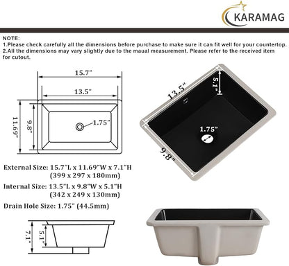 16 Inch Undermount Bathroom Sink Black Rectangle Sink with Overflow | 15-3/4"x11-3/4" Black Under Counter Design,Ceramic,Easy to Clean,Modern Style,Ideal for bathroom, vanity, lavatory, restroom