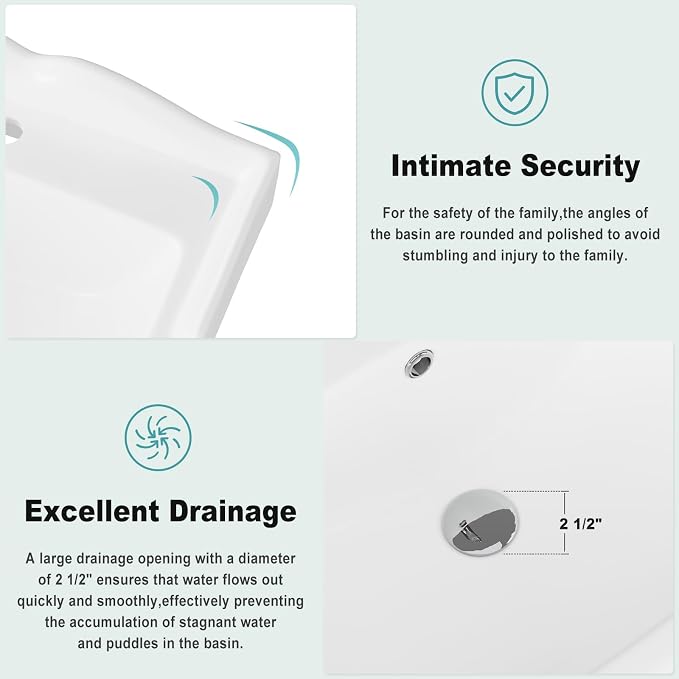 GarveeHome Rectangular Pedestal Sink, 23"L x 19"W White Ceramic Bathroom Vanity Sink, Features Single Faucet Hole and Overflow